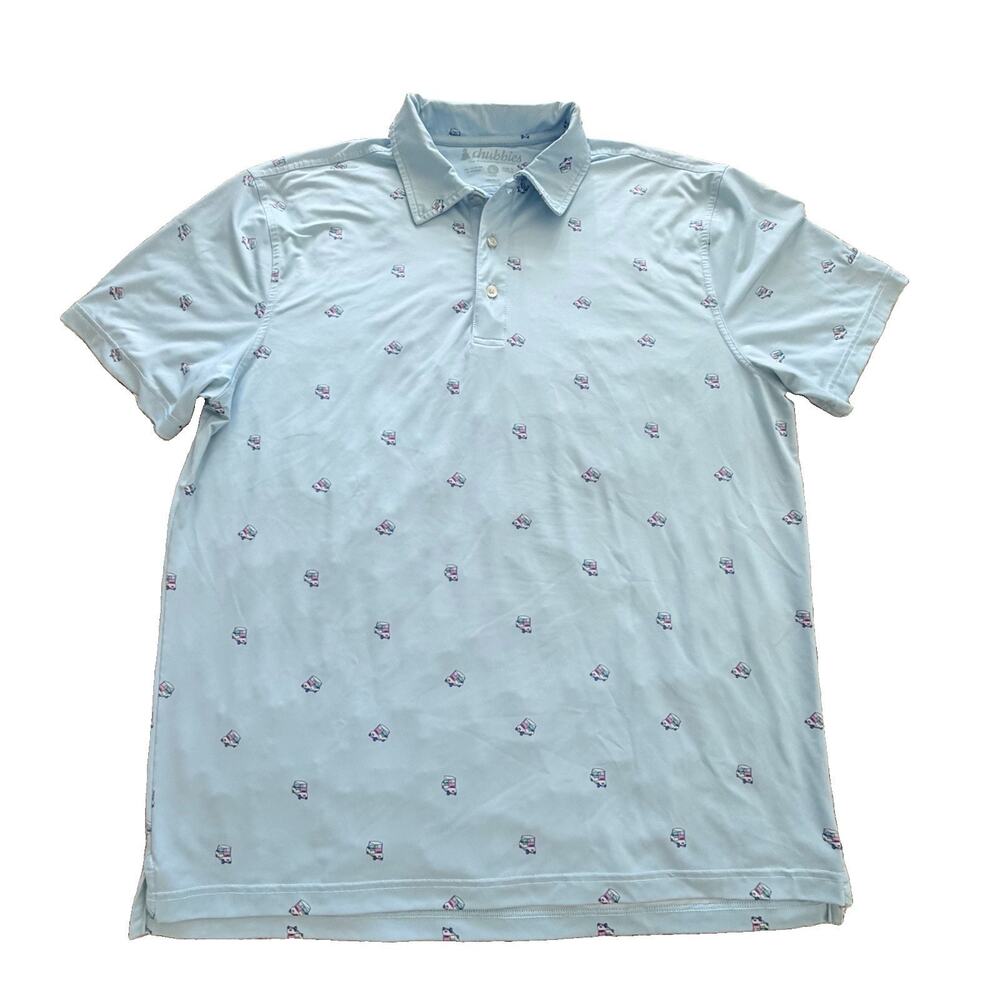 Chubbies The Weekend Has Arrived Golf Cart Polo Shirt Mens L Blue Pattern